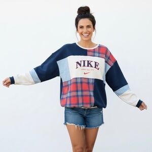 Upcycled NIKE Patchwork Sweatshirt.  "Denim & Plaid"